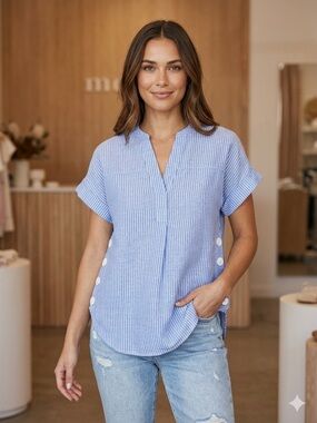 Nicole Miller Cotton Linen Striped Light Blue Button-Side Short Sleeve Blouse SM